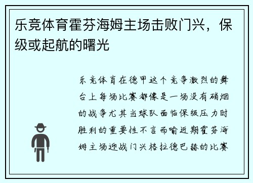 乐竞体育霍芬海姆主场击败门兴，保级或起航的曙光